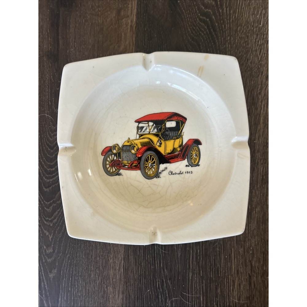 Vtg Chevrolet 1913 Car Design Ceramic MCM Ashtray White Red Yellow Car 7" Inches